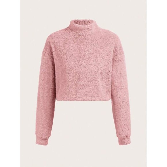 NEW (2) Solid Color Mock Neck Cropped Plush Sweaters Pink/White L - Picture 6 of 8